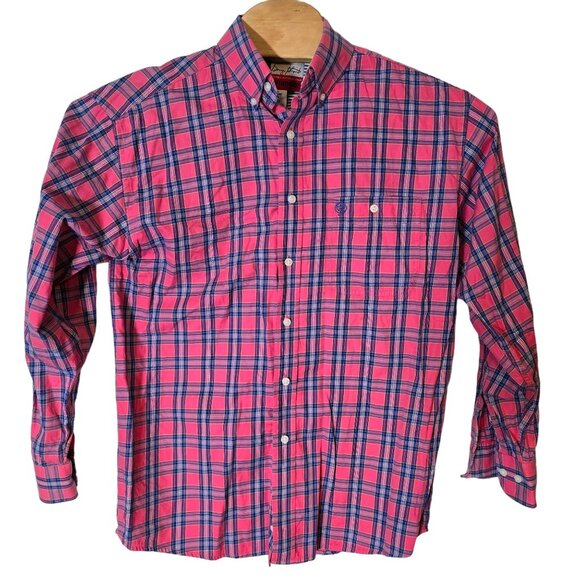 Wrangler George Strait Button Down Shirt Men's Medium Pink Blue Plaid Long Sleev - Picture 2 of 5